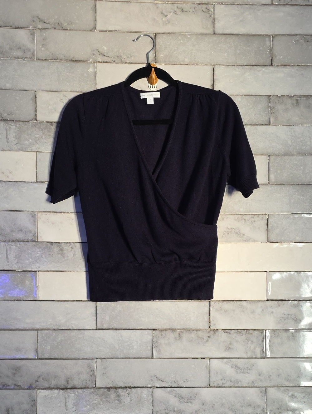New York & Company Navy Blue V-Neck Wrap Knit Top Size Medium